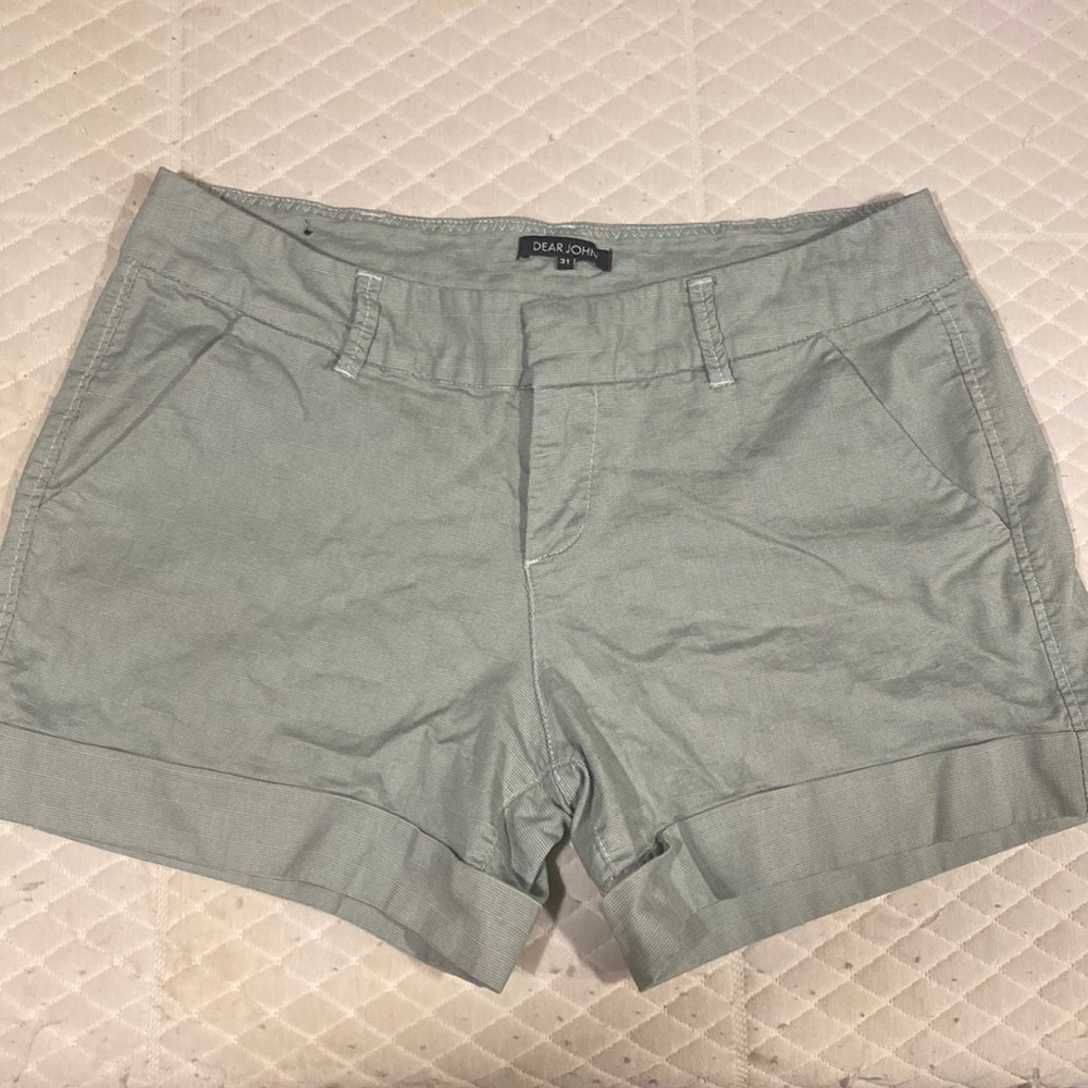 Dear John, size 31 shorts, green check pattern, small stain on the rear